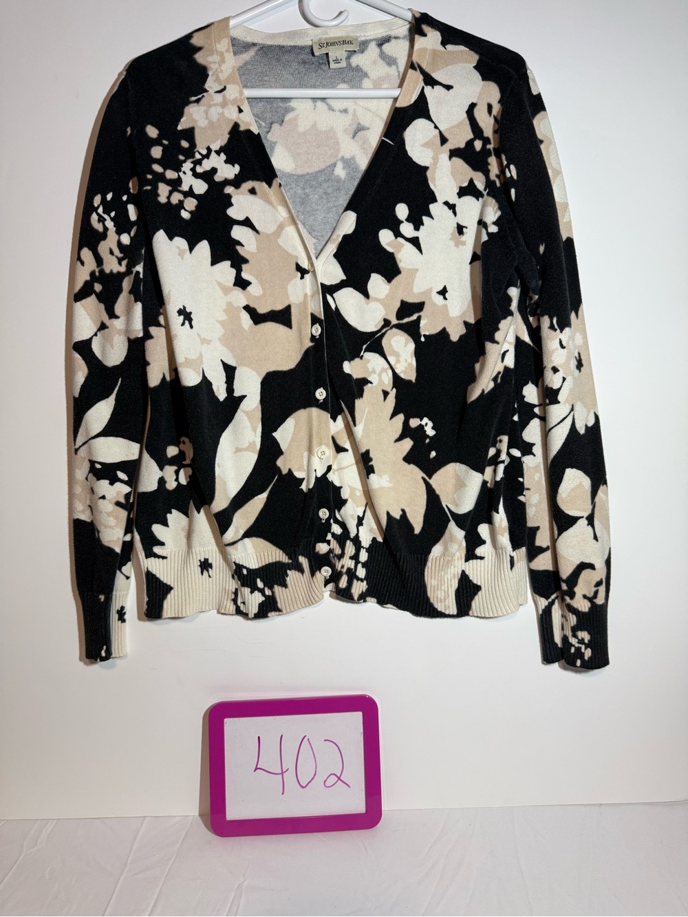 St. John's Bay Black & Cream Floral V‑Neck Button Cardigan